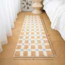GIB Bathroom Runner Rug Mat 47" x 16", Extra Soft Absorbent Plush Fluffy Bath Rugs, Non-Slip Washable Bath Mats for Bathroom Floor Shower Bedroom Decor, Warm Beige Cream Checkered with Blue Accents