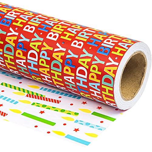 WRAPAHOLIC Reversible Birthday Wrapping Paper - Mini Roll - 17 Inch X 33 Feet - Happy Birthday Lettering on Red Design for Holiday, Party, Baby Shower
