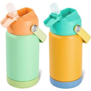 Kerilyn 12oz Kids Water Bottle 2 Pack, Stainless Steel Insulated Water Bottle Bulk, Toddler Cups with Straws Leak-Proof, Kids Water Bottles for School Boys Girls, BPA Free, 2 Piece Set Melon Couple