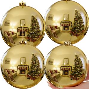 Zubebe 4 Pcs Extra Large Christmas Ball Ornaments 6'' (150 Mm) Giant Oversized Plastic Xmas Ball Big Hanging Christmas Tree Ornaments for Holiday Party Outdoor Decor(Gold)