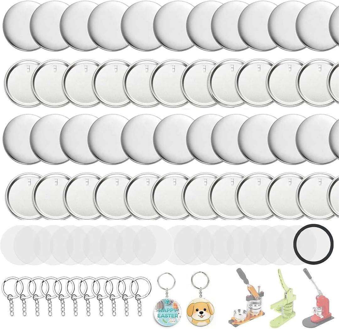 Button Maker Keychains Supplies, 200 Pcs 58mm Pin Maker Set, Metal Button Maker Supplies with Metal Shell Cover, Transparent Film & Chain Head