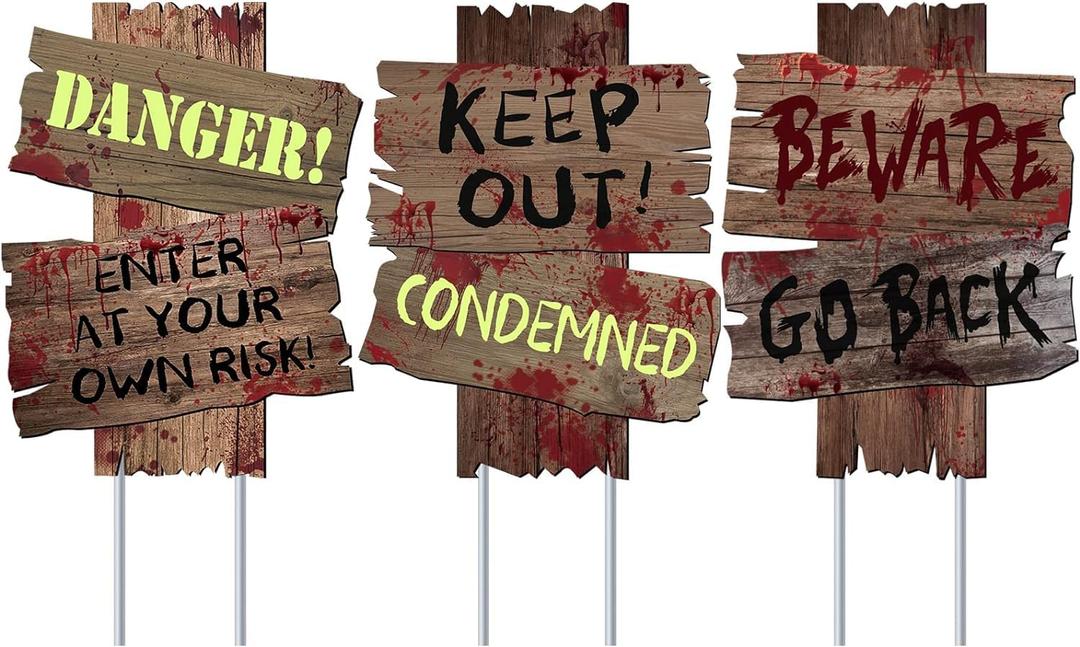 Halloween Decorations Outdoor Beware Yard Signs Stakes Creepy Assorted Warning Sign, Scary Zombie Theme Party Decor Supplies, Halloween Party Decorations, 3 Pieces, 16.5" x 12.2"