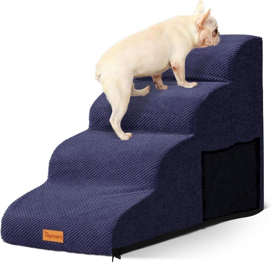 Dog Stairs for Small Dogs,4-Step,Foam Dog Steps&Ramps for Couch/High Beds with Waterproof &Removable Cover, Non-Slip, Blue