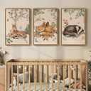 Framed Forest Animal Wall Art, 3 Piece Nature Whimsical Cottage Core Woodland Canvas Prints Pictures for Nursery Wall Decor, Neutral Deer Fox Artwork for Bedroom Kids Room Living Room Walls, 16x24 In, 16" W x 24" H x 3Pcs