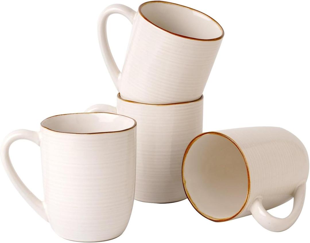 famiware Tempus Coffee Mugs Set of 4, 14 oz Cup Set, Stoneware Mugs with Handle for Coffee, Tea, Cocoa, Milk, Cappuccino, Microwave Safe - Antique White