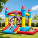 Bounce House for Kids 3-6, with Slide & Ball Pit & Hoop, 5-in-1 Small Indoor Outdoor Inflatable Bouncy Castle, Toddler Jump House for Backyard Family Home Birthday Party, Includes 370W Blower