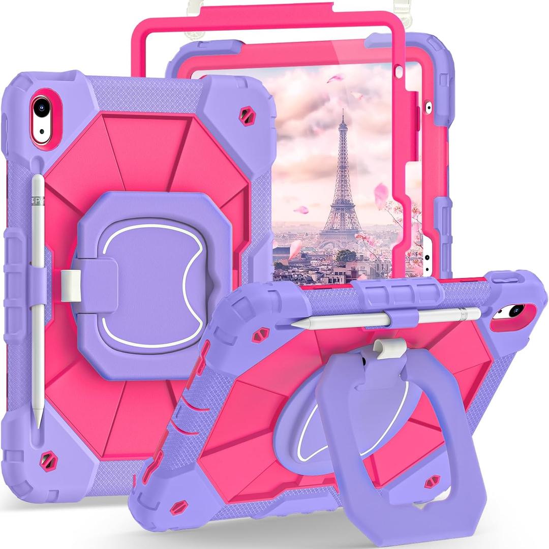 Case for iPad (A16) 11th Gen 11 Inch (2025) /iPad 10th Gen 10.9 Inch (2022) with Screen Protector/Rotating Stand/Pencil Holder,Military Grade Shockproof i Pad Case 10th Generation, Purple Pink  