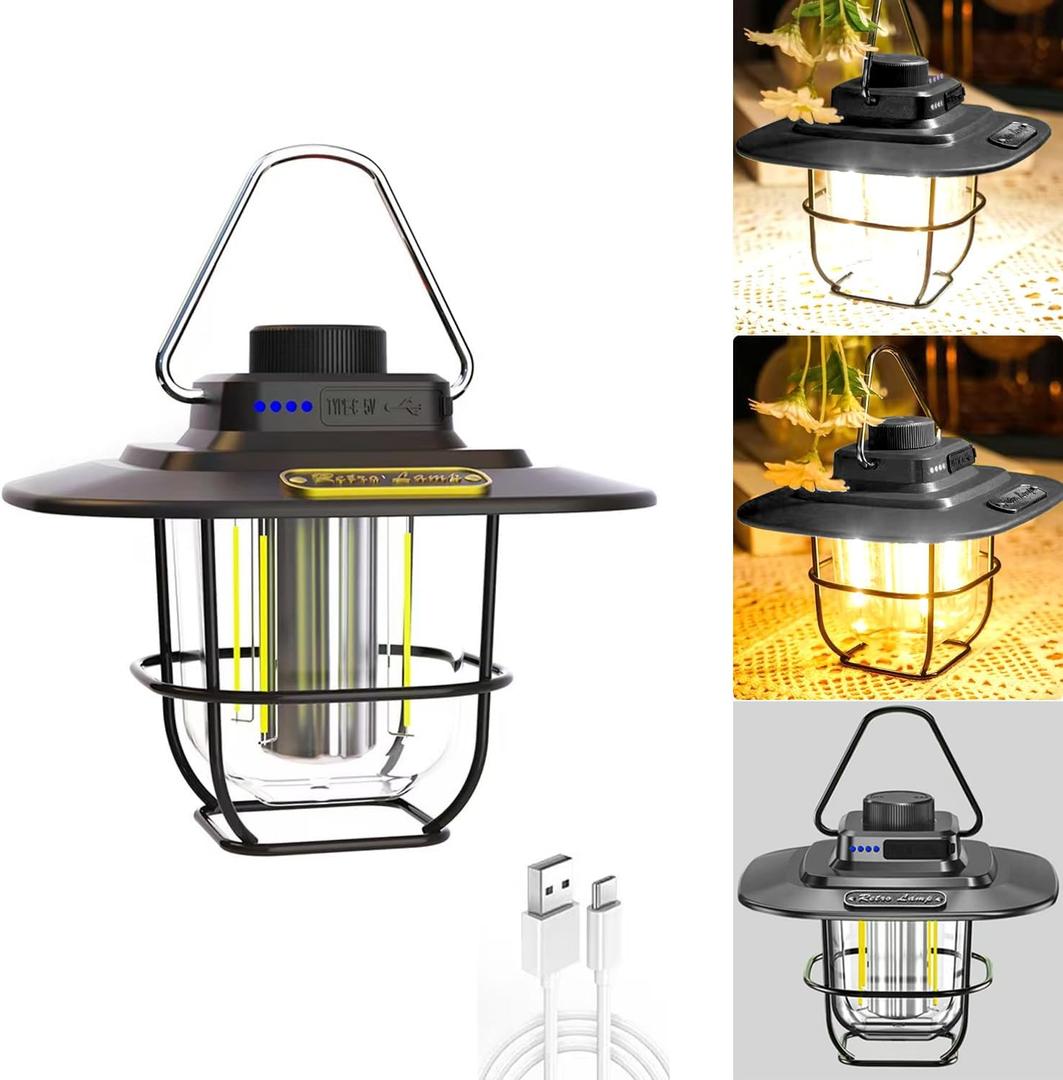 Rechargeable LED Outdoor Camping Light, Multifunctional Portable Horse Light, Rotating Adjustable Brightness and Lighting, Warm White Yellow Light and Amber.