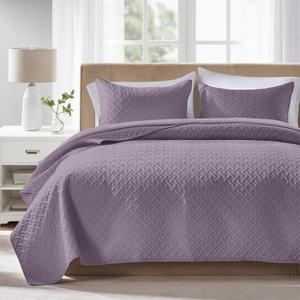 FLYMME Quilts Queen Size,Lightweight Grayish Purple Bedspreads,Basket Weave Pattern,Ultra Soft Microfiber Bed Coverlet 3 Pieces for All-Seasons (1 Quilt,2 Shams) (Full/Queen(90"x96"))