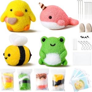 WATINC Set of 4 Cute Animal Needle Felting Starter Kit Frog Chick Bee Narwhal Animal Doll Wool Felting Tools Felt Needles Foam Mat DIY Needlework Craft Party Supplies for Beginners Adults