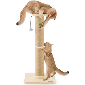35'' Tall Cat Scratching Post, 4.7'' Large Scratch Post with Thicken Wooden Base for Indoor Cats Adults, Sisal Scratcher Top & Dangling Balls, Super Sturdy