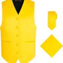 Oliver George 3pc Men's Solid Formal Suit Vest Waistcoat Tuxedo Dress Vest Necktie Handkerchief Set For Suit or Tuxedo (XX-Large, Yellow Gold)