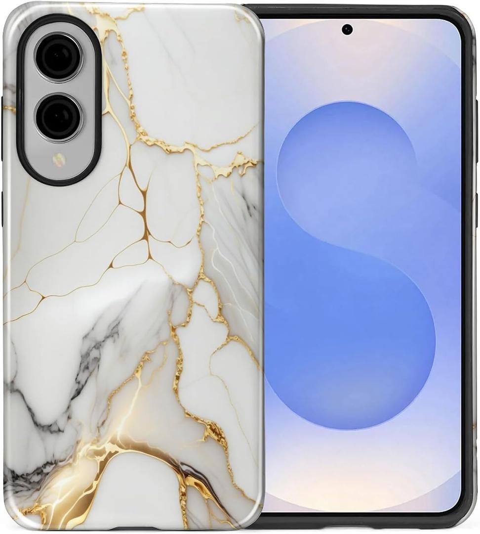 Case Compatible with Samsung Galaxy S25 Edge,Hybrid 2 Layer PC Hard Shell+Silicone Protective Case,White Gold Marble Scratch-Resistant Shockproof Cover for Samsung Galaxy S25 Edge