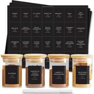 230 Black Spice Labels by ThreeKin | Waterproof & Oil-Resistant Pre-Printed Stickers for Spice Jars | Durable, BPA-Free Seasoning Labels | Easy-Clean, No-Residue Design | Proudly Female & USA Owned