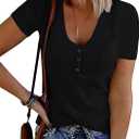 MEROKEETY Women's 2026 Summer Short Sleeve Tops Casual V Neck T Shirts Ribbed Knit Henley Button Basic Blouse, XXL