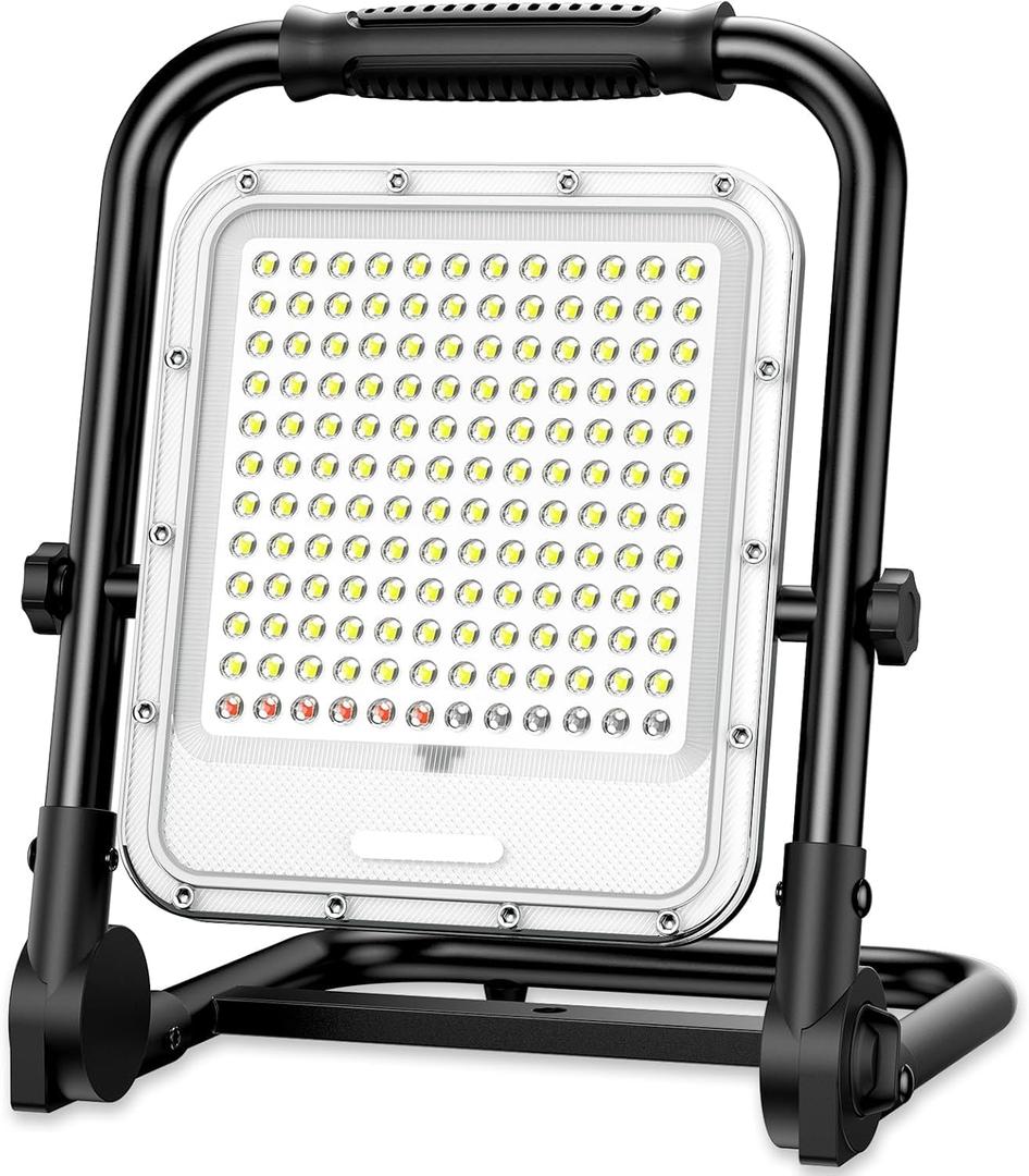 400W Rechargeable LED Work Light with Stand, 42000LM Waterproof Flood Light, 32000mAh Battery, 6500K, 4 Modes Adjustable Job Site Working Lights for Workshop Garage, Construction Site