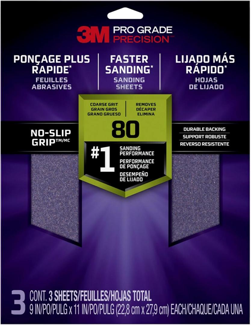 3M Pro Grade No-Slip Grip Sandpaper, 80 Grit  Durable C-Weight Backing, Anti-Clog Coating, 9 x 11 Inch Sheets (3-Pack)
