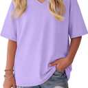 Oakgarden Girls' Shirts Oversized Short Sleeve Summer T-Shirts V Neck Drop Shoulder Top Kids Casual Basic Cute Tee(Light Purple,7-8 Years)