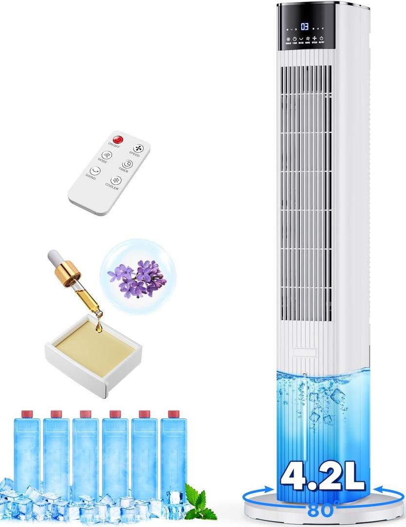 42 INCH Swamp Cooler Air Conditioner w/4 Mode &3 Speed, Aroma&Memory Function, 15H Timer Portable Air Conditioners No Windows Needed, 6 Ice Packs, 1.1-Gal Dual Tank Evaporative Cooler for Room