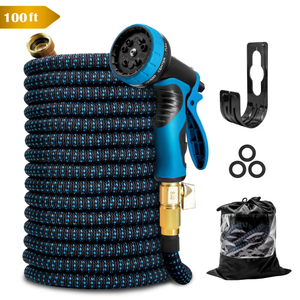 Kotto 100 ft Flexible Garden Hose, Water Hose for Outside with 10 Spray Nozzles, Brass Connector, Leak-Proof, Blue
