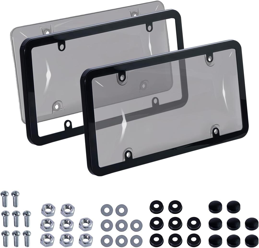 2 PCS Clear License Plate Cover & Frame, Anti-Scratch Weather-Resistant License Protector Holder, Universal Car Exterior Accessories Fit for US Standard Plates with Screws Caps & Washers,Black (Style 1)