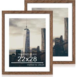 22x28 Picture Frame Set of 2, 22 x 28 Wood Poster Frames with Mat for 18x24, Wooden Photo Frames with Tempered Glass Cover for Wall Display, Rustic Brown, 22x28-2Pack
