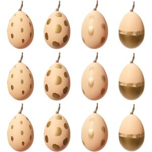 DN DECONATION 12-Piece Easter Egg Hanging Ornaments Set, Light Beige Plastic Eggs with Gold Brushstroke & Polka Dot Decor, Minimalist Spring Home Decor for Tree Wall Table, Elegant Gift Set (Skin Color & Gold)