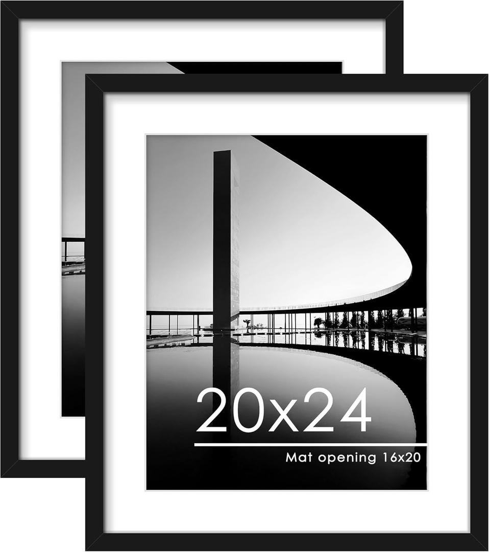 PEALSN 20x24 Picture Frame Set of 2, Display Pictures 16 x 20 with Mat or 20 x 24 without Mat for Wall Mounting Display, Poster Frames, Black