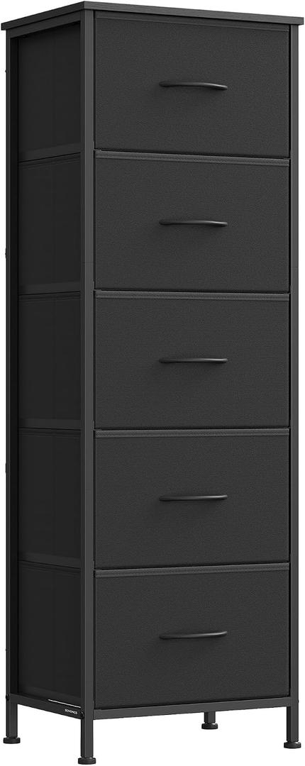 SONGMICS Dresser for Bedroom, Chest of Drawers, Steel, MDF, 5 Non-Woven Fabric Drawers, Storage Organizer Unit, Closet, Entryway, Ink Black and Ebony Black ULGS315B01S