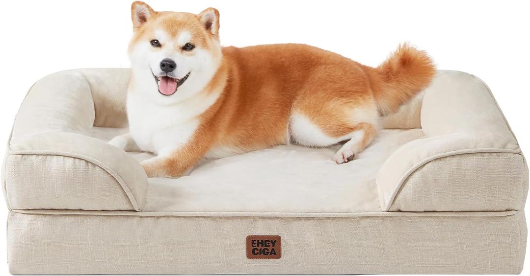 EHEYCIGA Orthopedic Dog Beds for Large Dogs, Waterproof Memory Foam Large Pet Bed with Sides, Non-Slip Bottom and Egg-Crate Foam Dog Couch Bed with Washable Removable Cover, Beige (36.0"L x 27.0"W x 6.5"Th)