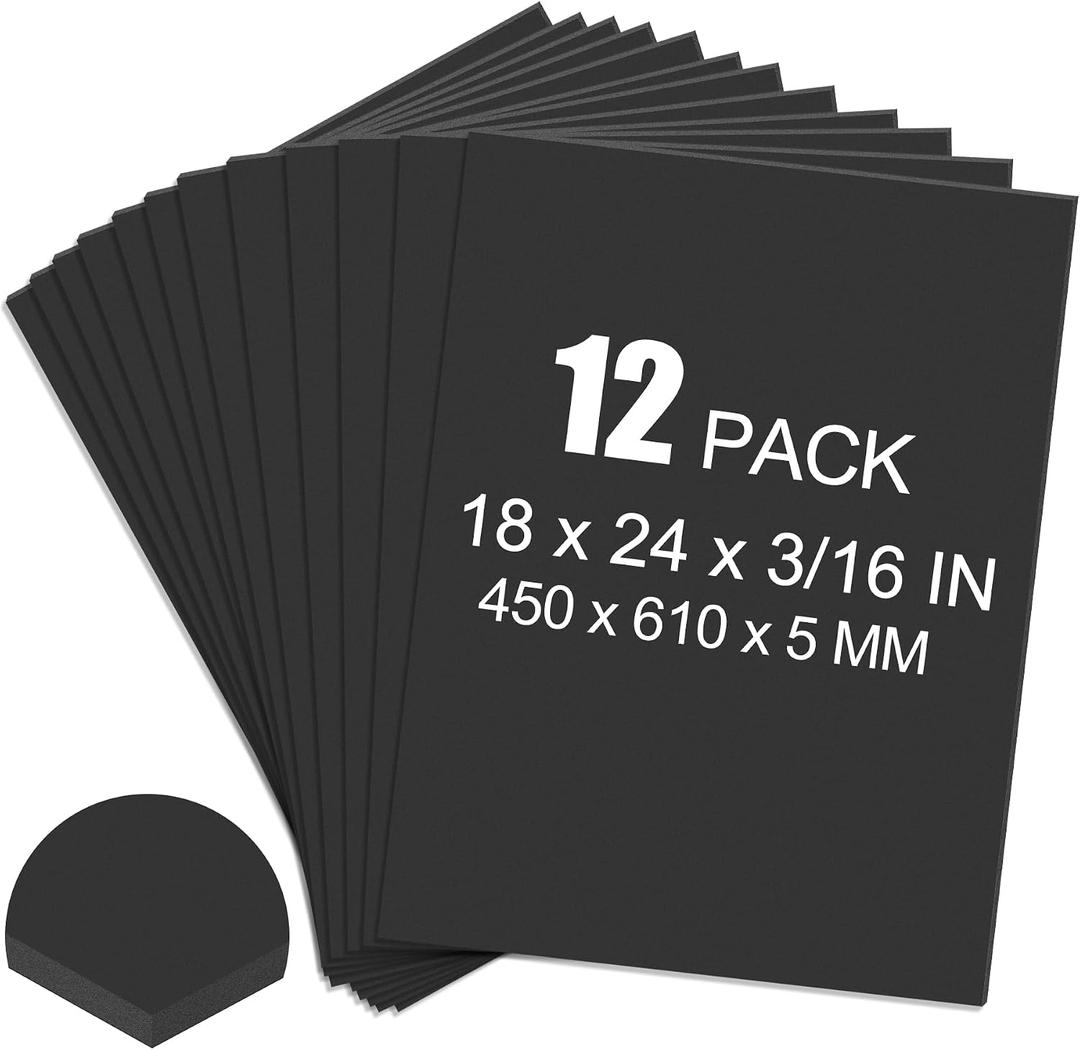 12 Pack Black Foam Board, 18 x 24 x 3/16" Thick Foam Core Acid Free Poster Foamboard for Art Craft Projects, Painting, Displaying, Signage, Wedding, School