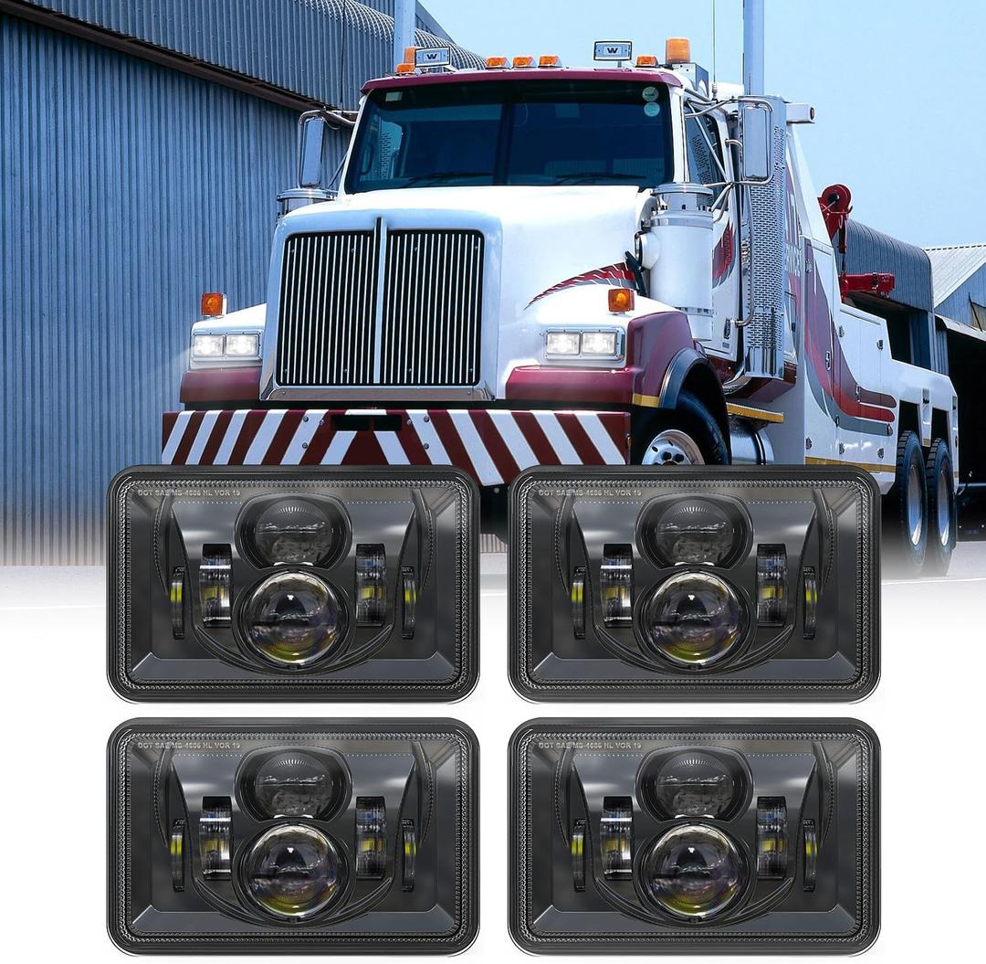 4x6 Inch LED Headlights 4 PCS Headlight Replacement H4651 H4652 H4656 H4666 H6545 Compatible with Peterbilt Kenworth Freightliner Ford Probe Oldsmobile Cutlass (Black)