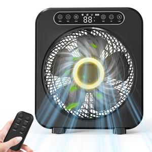 Table Fan, 9600mAh Rechargeable Box Fan, Quiet Running, Fast Cooling 10" Desk Table Fan with Remote, 6 Speeds, 3 Modes, Smart Temperature, Timer, Light, Washable - Bedroom Office Desktop Household