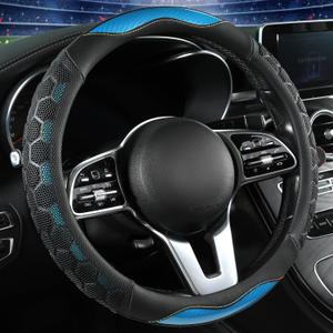 PU Leather Steering Wheel Cover 14.5-15 Inch, Carbon Fiber Style Grip, Non-Slip & Breathable, Universal for Sedan SUV Truck Van, Car Steering Wheel Cover for Men Women Light Blue