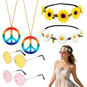 6 Pcs Hippie Accessories for Women, 60s 70s Accessories Women with 2 Peace Sign Necklace + 2 Daisy Flower Headbands + 2 Hippie Sunglasses, Hippie Costume for Carnival Vintage Party Multi