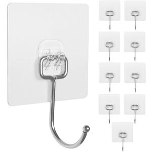 Adhesive Wall Hooks 10-Pack 60lb Heavy Duty - Waterproof Rustproof Sticky Hooks, No Damage Wall Hooks for Kitchen Bathroom Rental Home