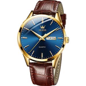 OLEVS Amazon Watches,Brown Leather Watch for Men,Men Day Date Watch,Men's Luminous Watch,Dress Watch for Men,Rose Gold Watch for Men,Men's Fashion Quartz Watch,Waterproof Brown Man Watches (brown leater blue dial)