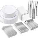 SUT 350 Piece Silver and White Plastic Dinnerware Set for 50 Guests, Disposable Plastic Plates, Include: 50 Dinner Plates, 50 Dessert Plates, 50 Pre Rolled Napkins with Silver Silverware, 50 Cups