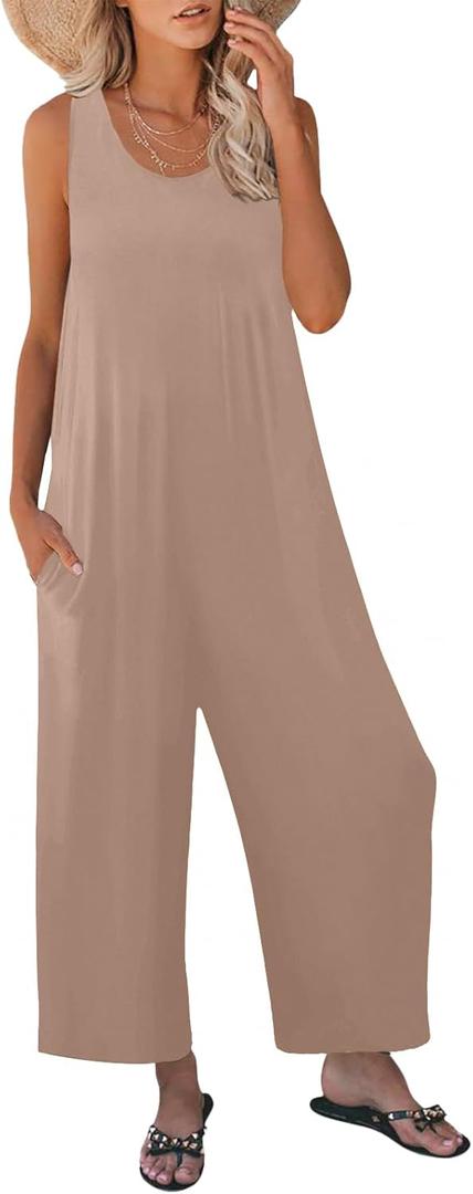Women's Summer Casual Loose Tank Jumpsuit Sleeveless Crewneck Long Pants Jumpsuit Romper with Pockets (Large, Khaki)