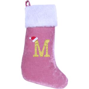 EHJYO 20 Inches Monogram Christmas Stockings with Letters Large Super Soft Christmas Stockings, Pink Velvet with White Plush Cuff Embroidered Xmas Stocking for Christmas Family Decor Letter M