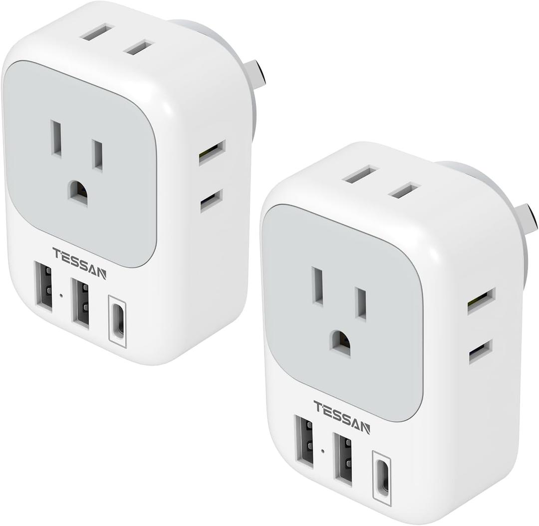 Australia Plug Adapter, TESSAN Australian Power Adaptor with 4 Outlets 3 USB Charging Ports (1 USB C), Type I Plug for US Travel to New Zealand China Argentina Fiji AU, 2 Pack