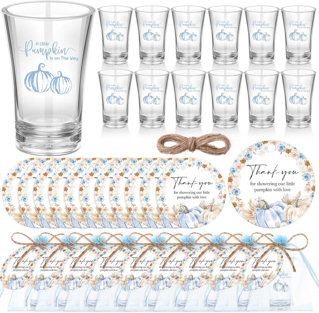 50 Sets Blue Pumpkin Baby Shower Favors for Guests Souvenir a Little Pumpkin Is on the Way Acrylic Clear Shot Glasses Thank You Tags with Organza Bags for Party Decorations