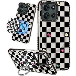 Lotadilo Cute Case for Motorola Moto G 5G 2025 for Women Girls - Funny Plaid Flower Design Compatible with Magsafe Ring Holder Magnetic Stand Kickstand Fashion TPU Phone Covers Kawaii