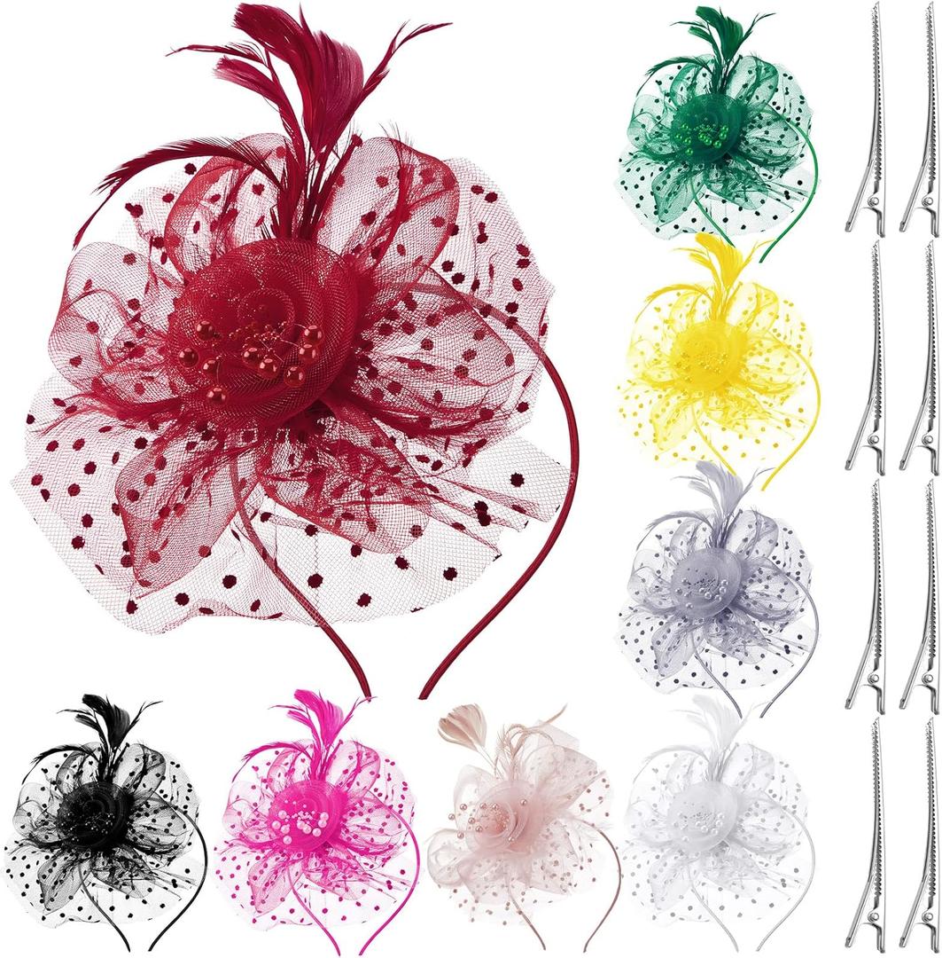 Yunsailing 8 Pcs Fascinators Hats for Women Tea Party Derby Hats Veil Feathers on a Headband and a Clip