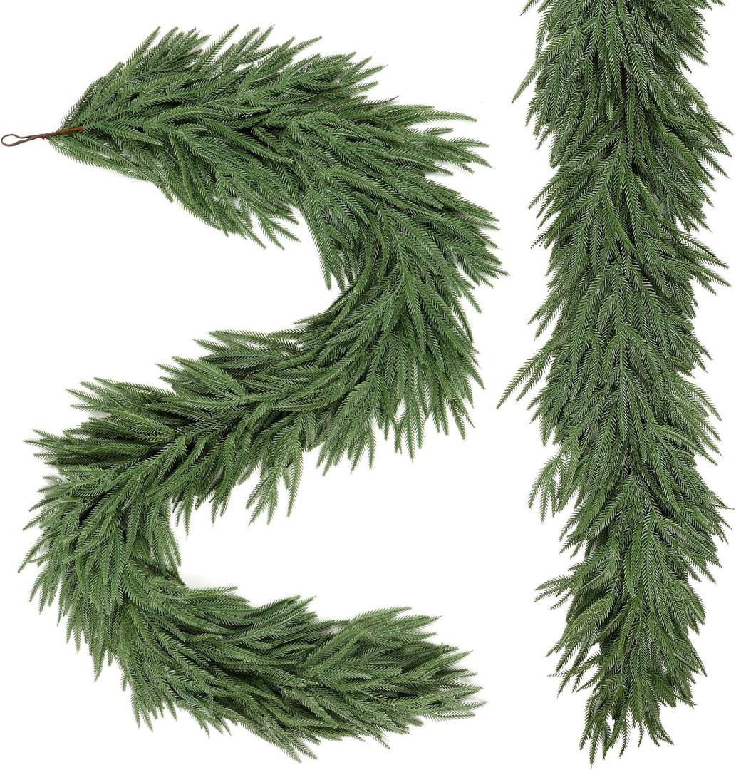2 PCS 9ft Artificial Christmas Garland, Real Touch Norfolk Pine Garland - Pine Garland, Greenery Christmas Garland for Mantle, Table, Fireplace, Indoor, Outdoor Christmas Decorations