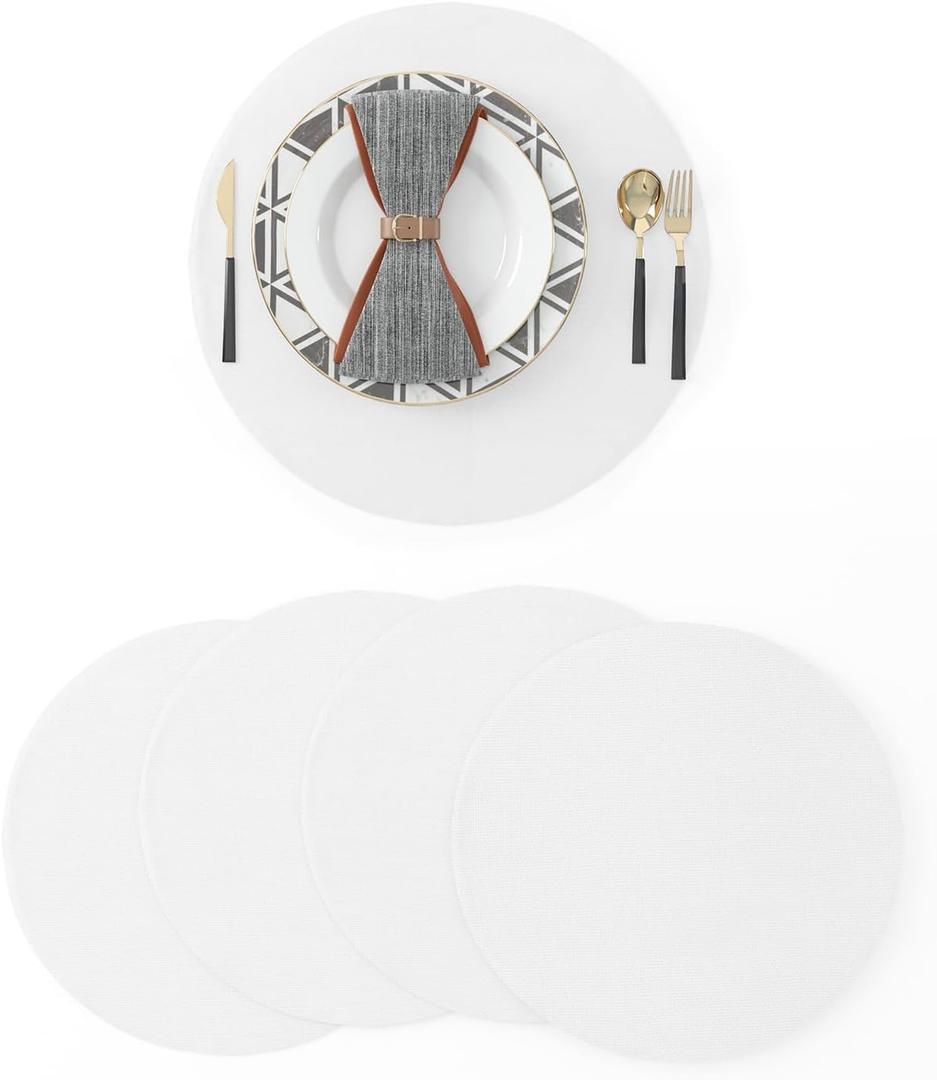 Set of 4 Round Placemat 15 Inch Soft Linen eco-Friendly Fabric Handcrafted Machine Washable Indoor & Outdoor Tablemat Pure White