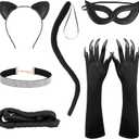 4/6Pcs Halloween Cat Woman Costume Accessories, Black Cat Mask Cosplay Costume for Women, Faux Leather Gloves Necklace Outfit