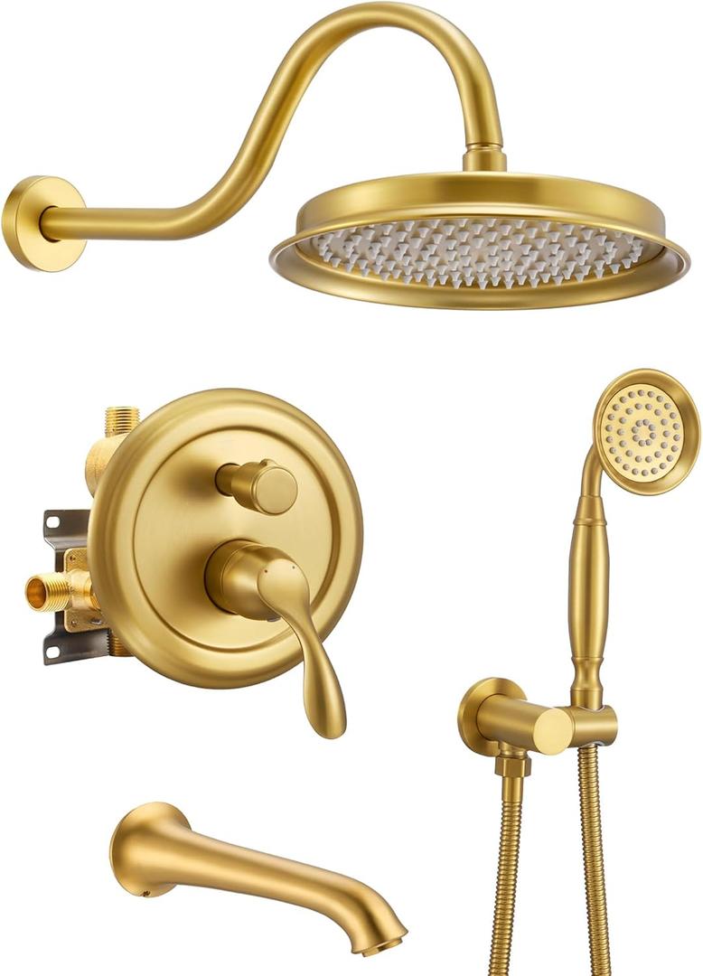 DASAN Brushed Gold Shower System with Tub Spout, Tub and Shower Faucet Combo Set with Valve & Trim Kit Bathtub Shower Faucet Set Bathtub Shower System with Rainfall Shower Head & Handheld, AT309W-BTG