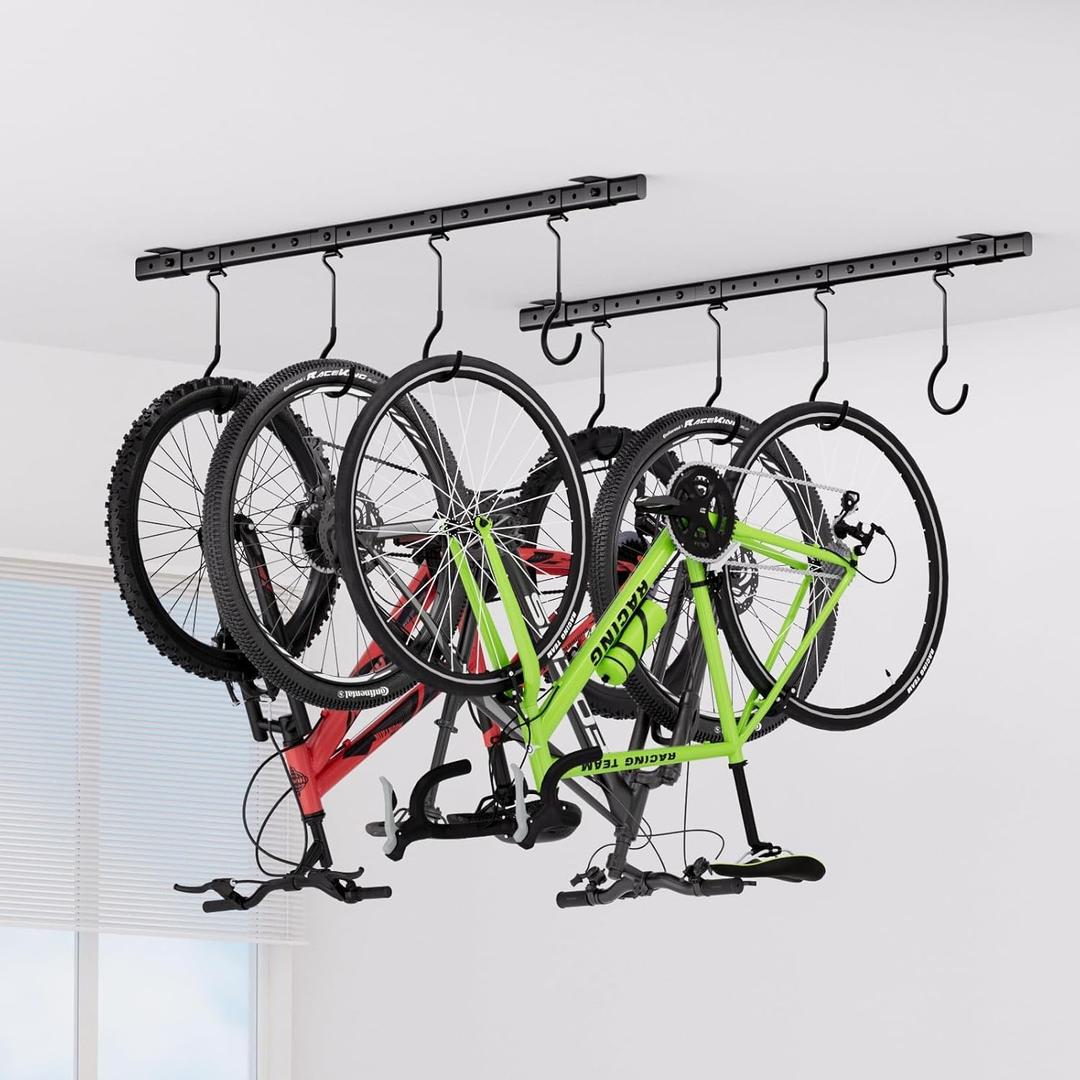 Urban Deco Ceiling Mounted Bike Rack for Garage, Indoor Metal Bike Hanger with 8 Adjustable Ceiling Hooks Hold 48 Bikes, Space Saving Garage Bike Storage for Storing Bike (2Piece Set)
