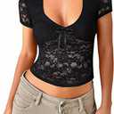 Womens Lace Tops Going Out Summer Short Sleeve V Neck Mesh Sheer Crop Shirts Cute Y2K Trendy Outfits 2026 (Black, L)